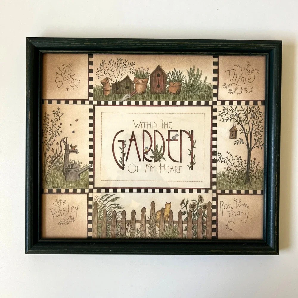 Vintage Linda Spivey Within the Garden of My Heart Framed Folk Art Print